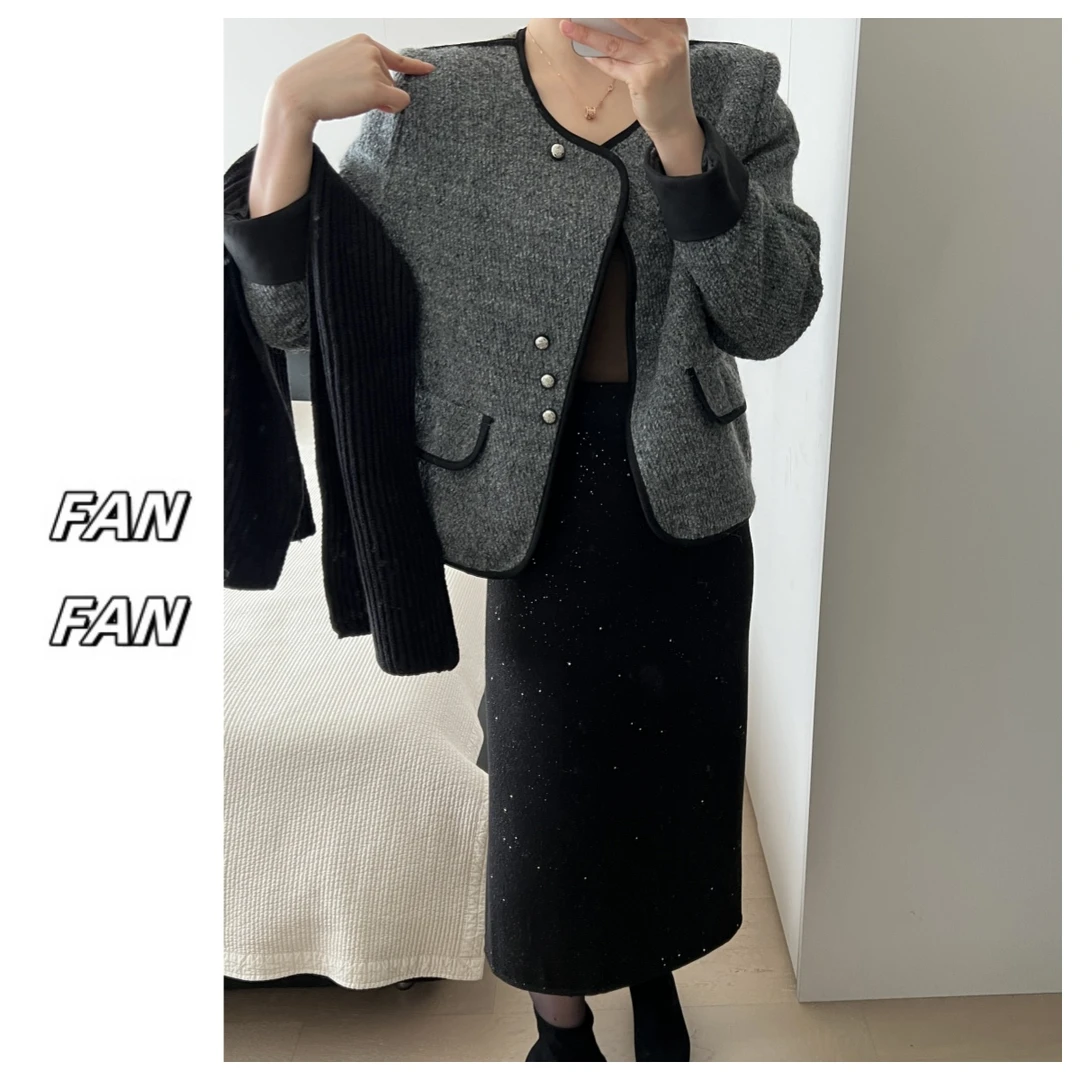 FANFAN 斜扣羽绒服内胆（带围巾）外套拼接丝绒边羊毛呢白鸭绒