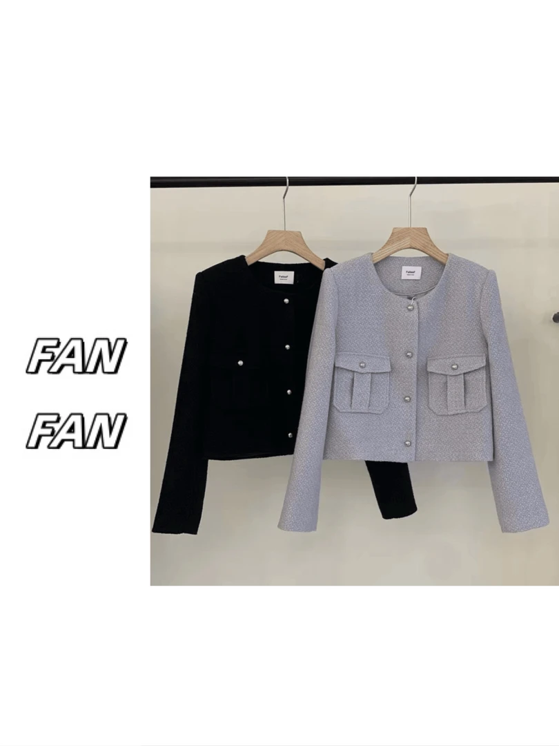 饭饭家 2色小香风短外套单排扣双口袋圆领银色圆扣