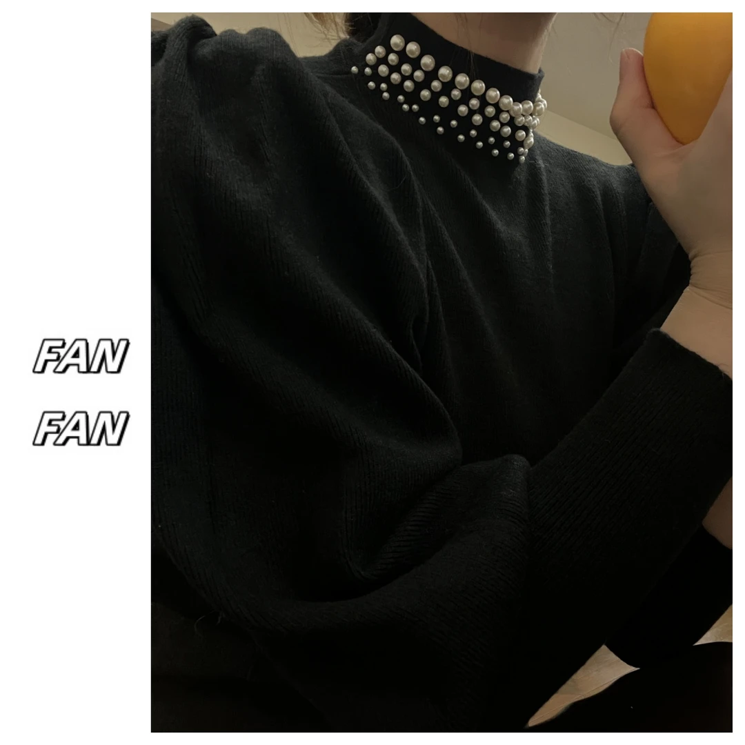 FANFAN 优雅黑钉珠领口泡泡袖针织衫打底衫