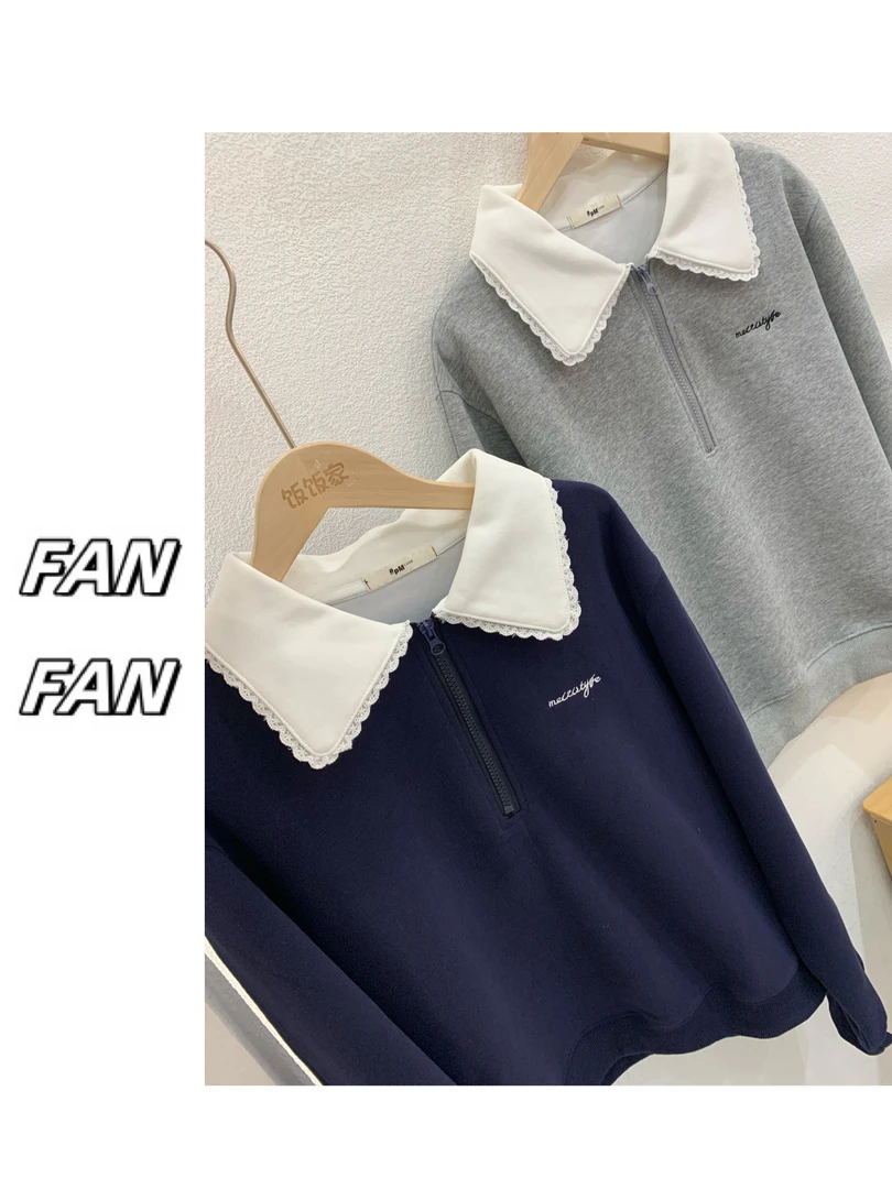 FANFAN 刺绣半拉链翻领卫衣女设计感小众宽松短款长袖上衣