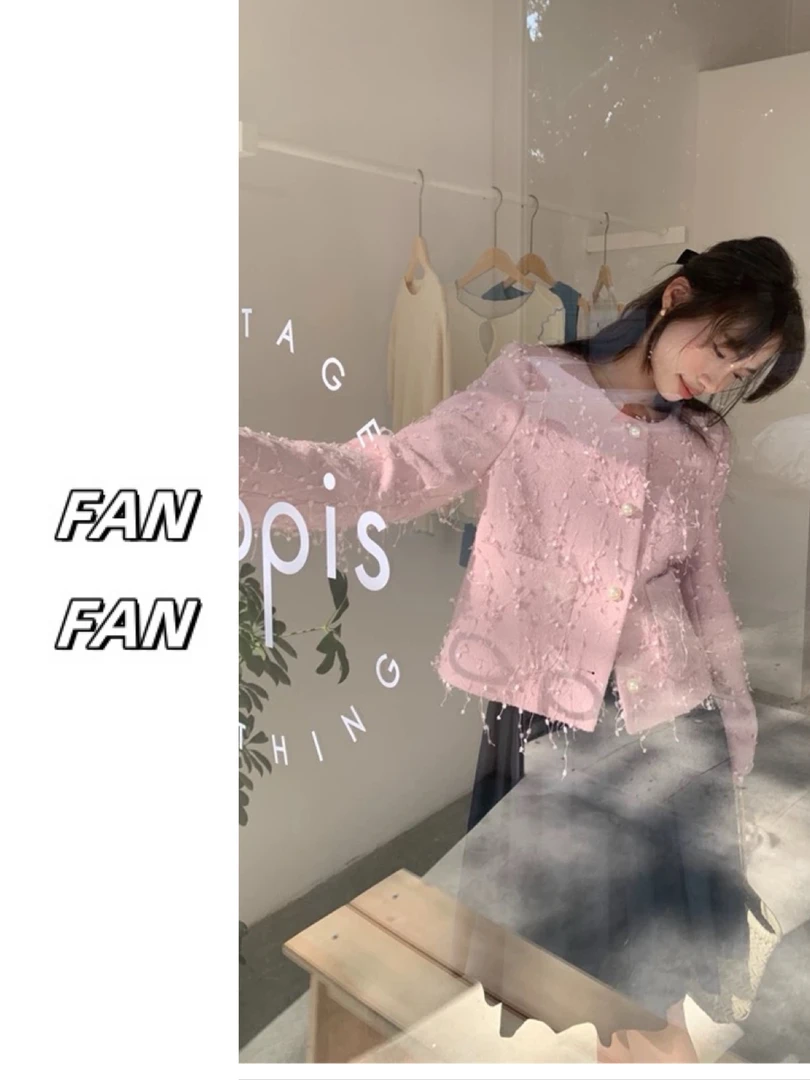 饭饭家 圆领小香风外套法式气质宽松百搭流苏短款上衣名媛风