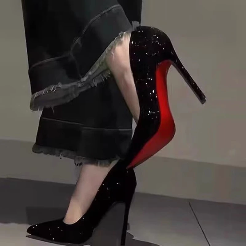 水钻高跟鞋女2024年新款夏季黑色细跟小个子绝美红底婚鞋尖头单鞋