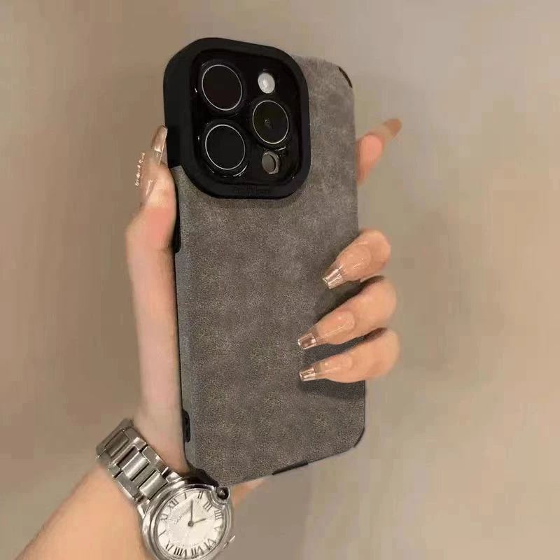 简约高级深灰适用iPhone16翻毛皮手机壳华为vivo小米oppo套防摔