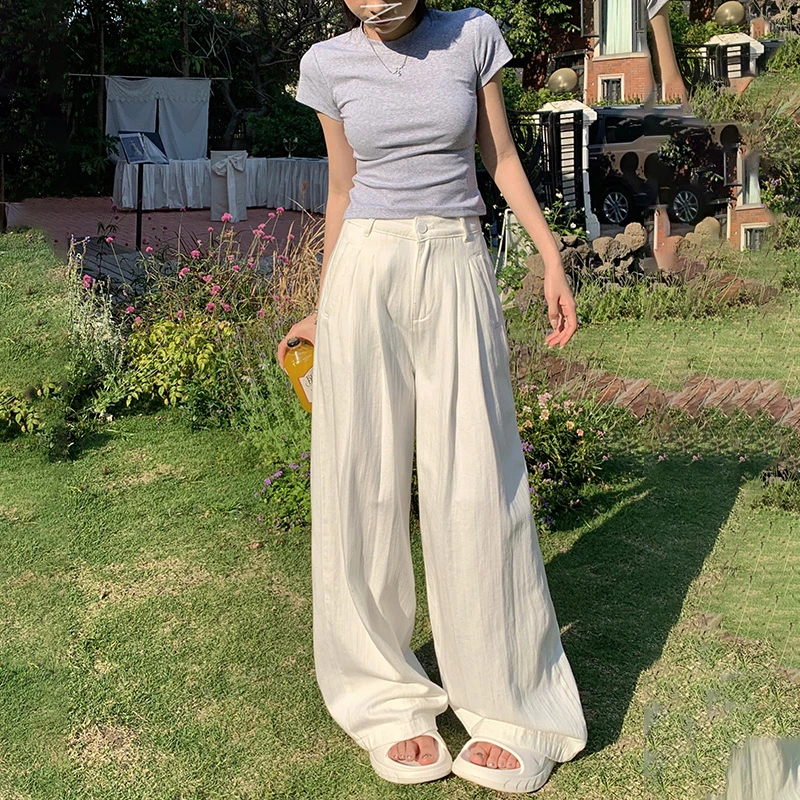 氧汐2024夏季新款白色宽松褶皱纹理直筒牛仔裤女显瘦垂感阔腿裤子