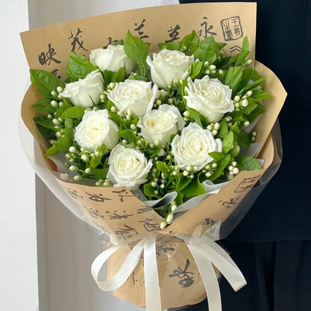 送男友♥【愿君莫离】新中式国风花束9朵白玫瑰花茉莉送女朋友仪式感礼物拍照生日鲜花礼物鲜花小时达同城花店