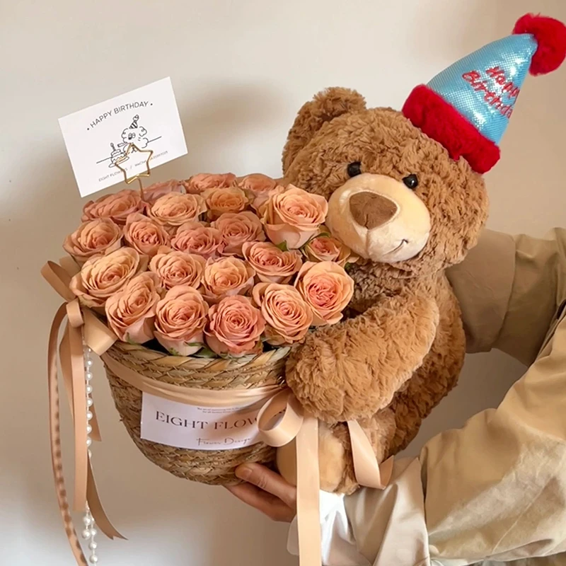 【爱的守护】21朵卡布奇诺玫瑰花惊喜礼物冬日小熊抱抱桶玩偶鲜花免费配送上门鲜花小时达同城