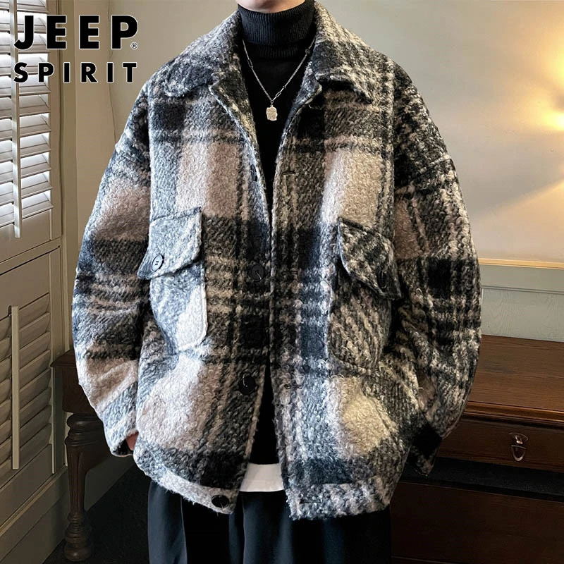 Jeep吉普毛呢大衣男士秋冬新款休闲百搭潮流宽松短款格子呢子外套