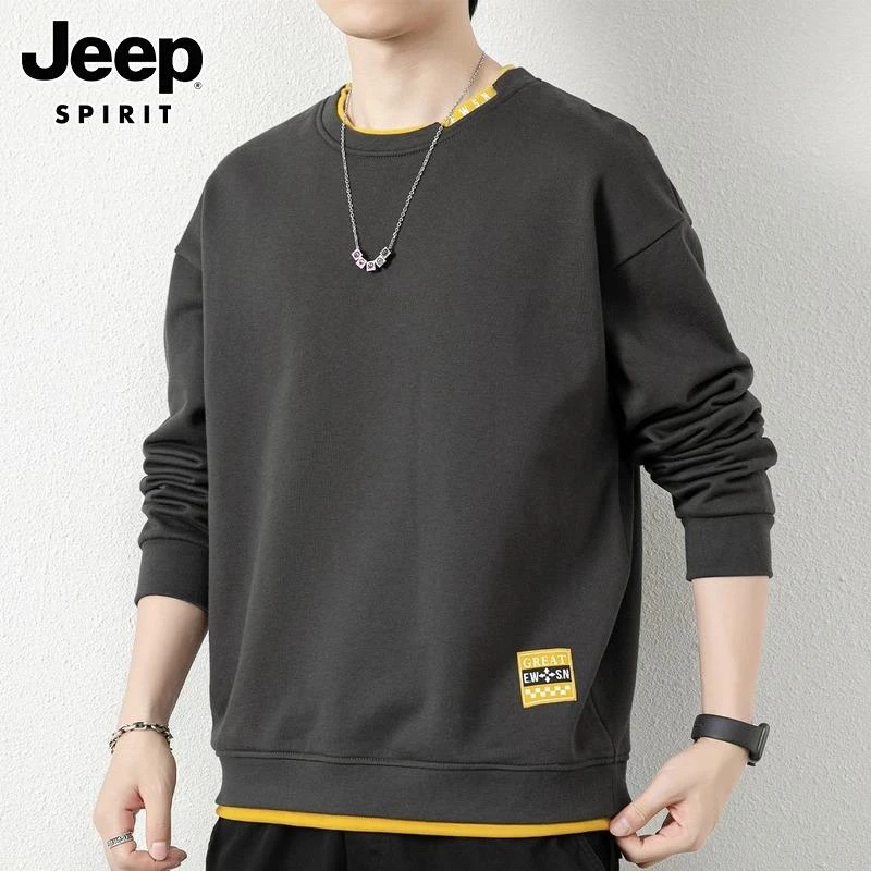 Jeep吉普卫衣男士秋季圆领宽松大码上衣服假两件休闲长袖t恤男装