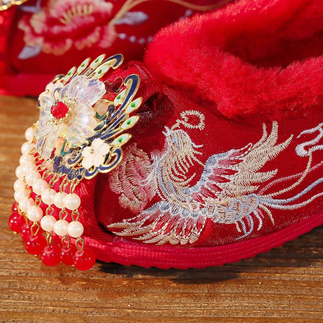 【红棉凤凰】中式新娘婚鞋冬季加绒红色结婚平底舒适古风汉服秀禾鞋