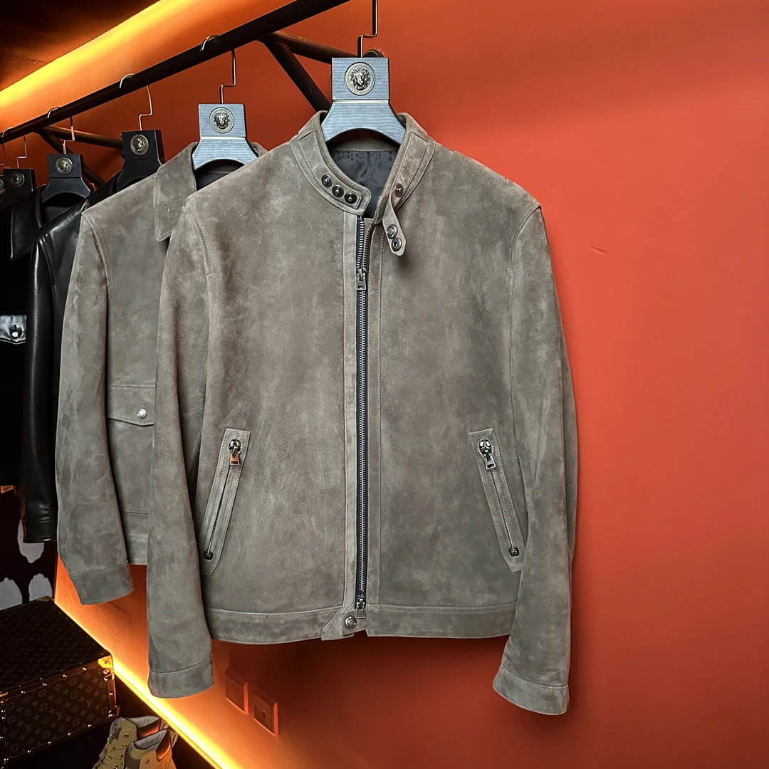 “ 斑鸠咖”南非混种翻毛皮立领短款机车夹克修身男士秋季真皮时尚