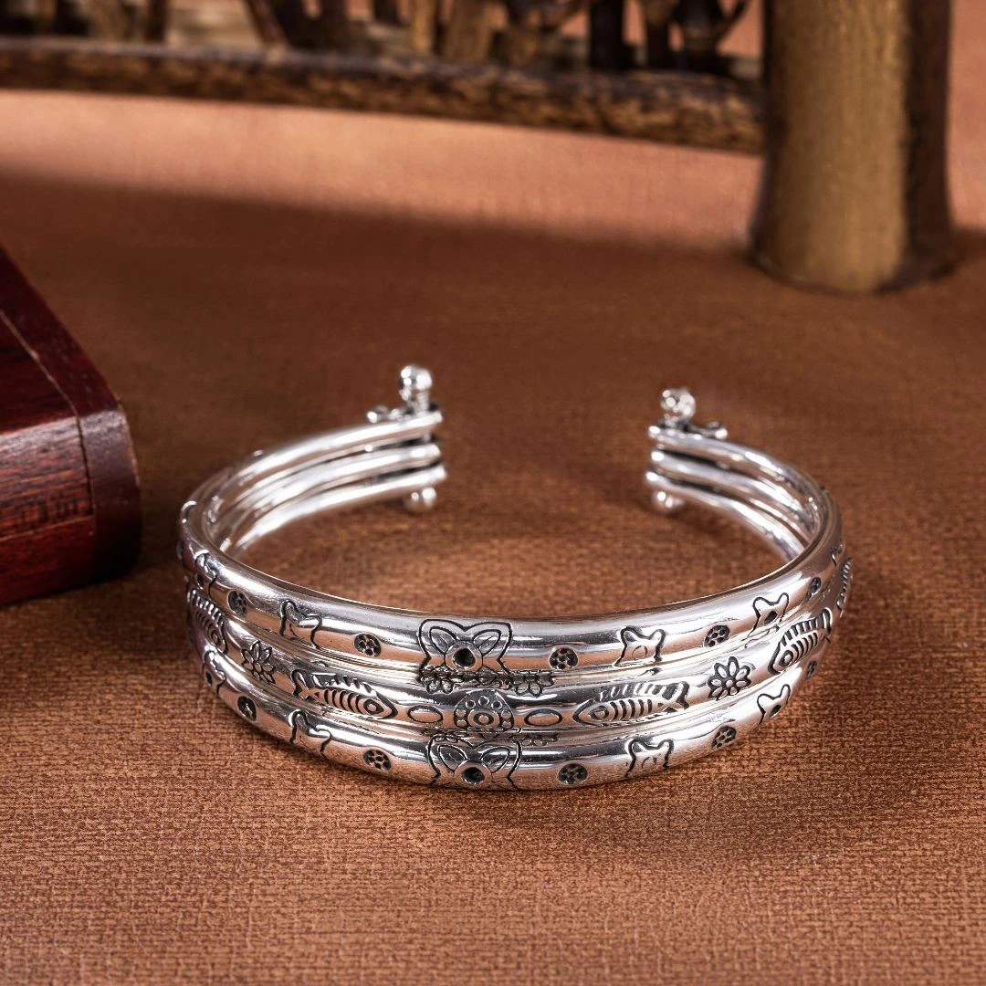 足银手镯 锦鲤四叶太阳对口三层开口手镯时尚简约个性经典手工