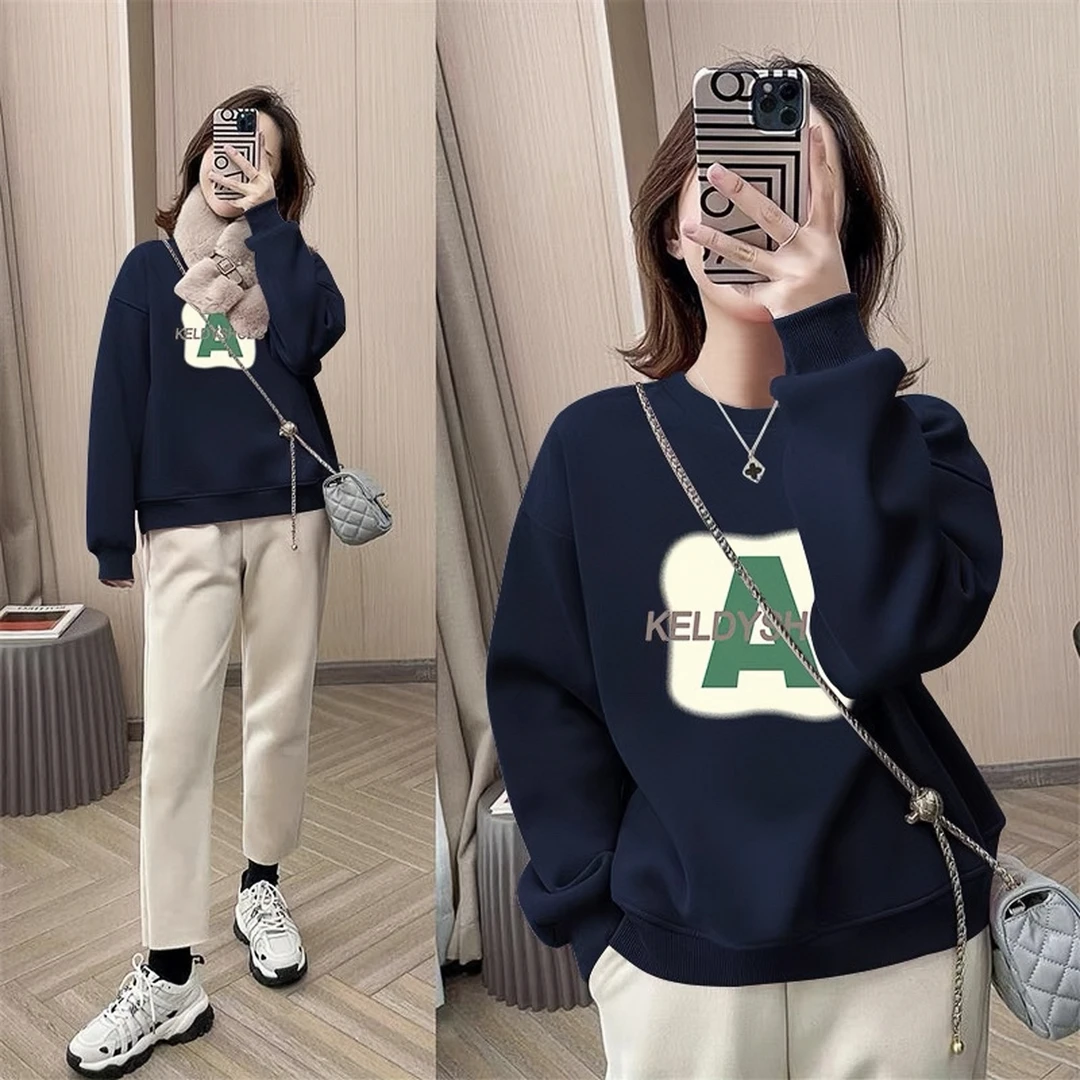 秋冬季加绒加厚女士卫衣女2023春秋新款宽松大码百搭圆领长袖外套