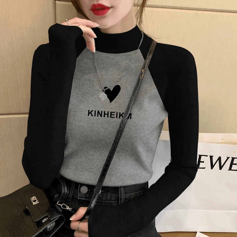 半高领德绒打底衫女秋冬灰色正肩修身显瘦内搭洋气长袖t恤上衣潮