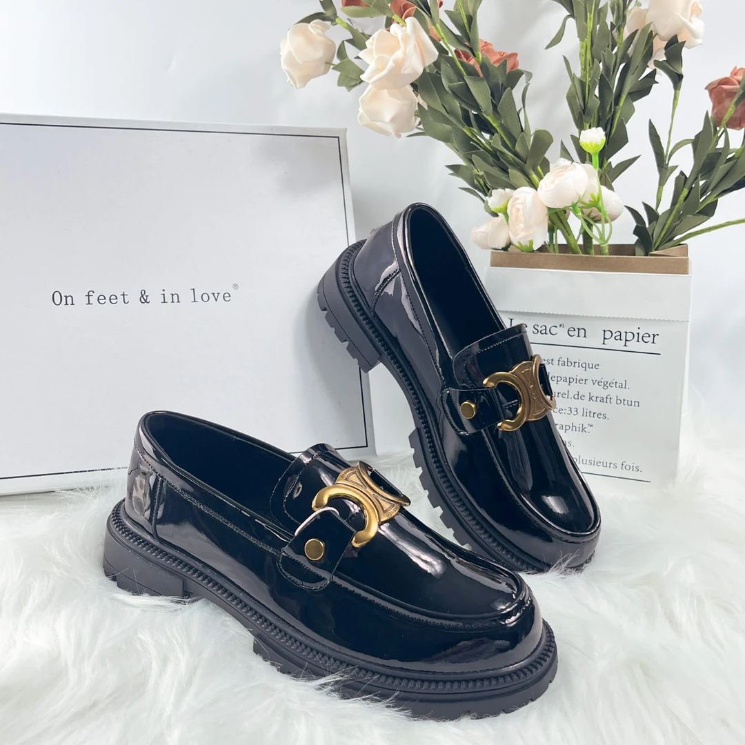 黑色复古小皮鞋女粗圆头跟软皮时尚百搭厚底一脚蹬乐福鞋单鞋