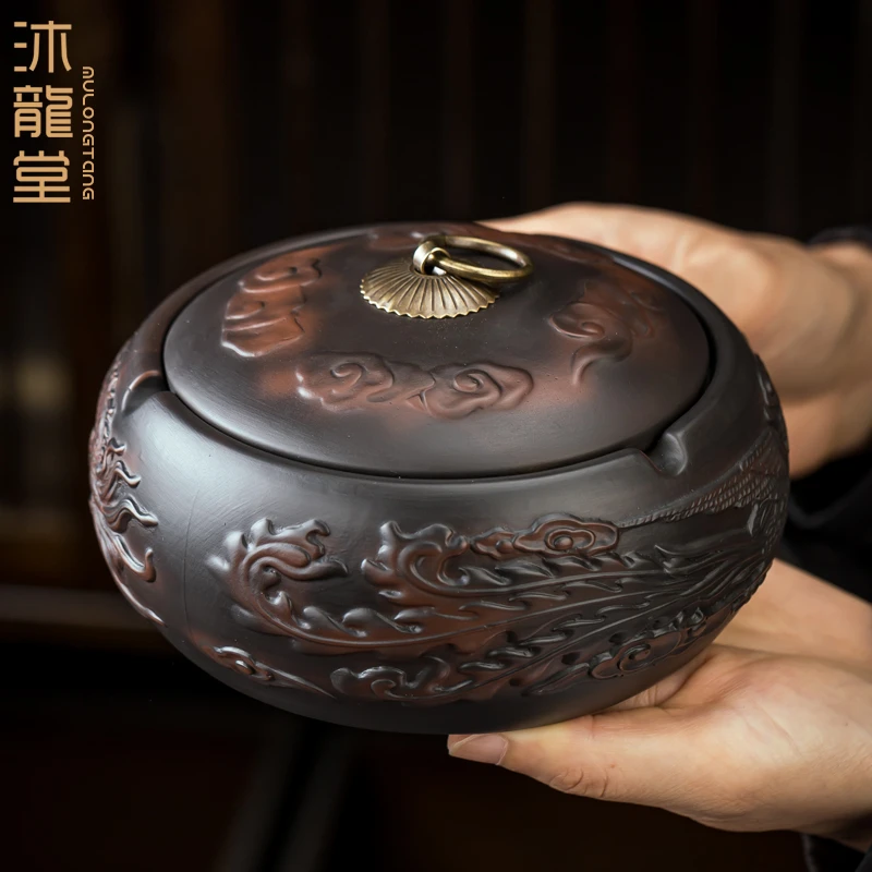 复古紫陶烟灰缸带盖家用办公客厅陶瓷茶道零配紫砂大号烟缸防飞尘