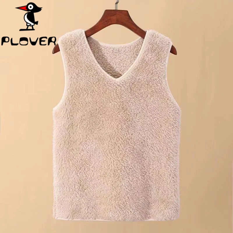 琢木鳥加绒加厚羊羔绒保暖背心女V领宽肩无袖打底马夹内搭冬防寒