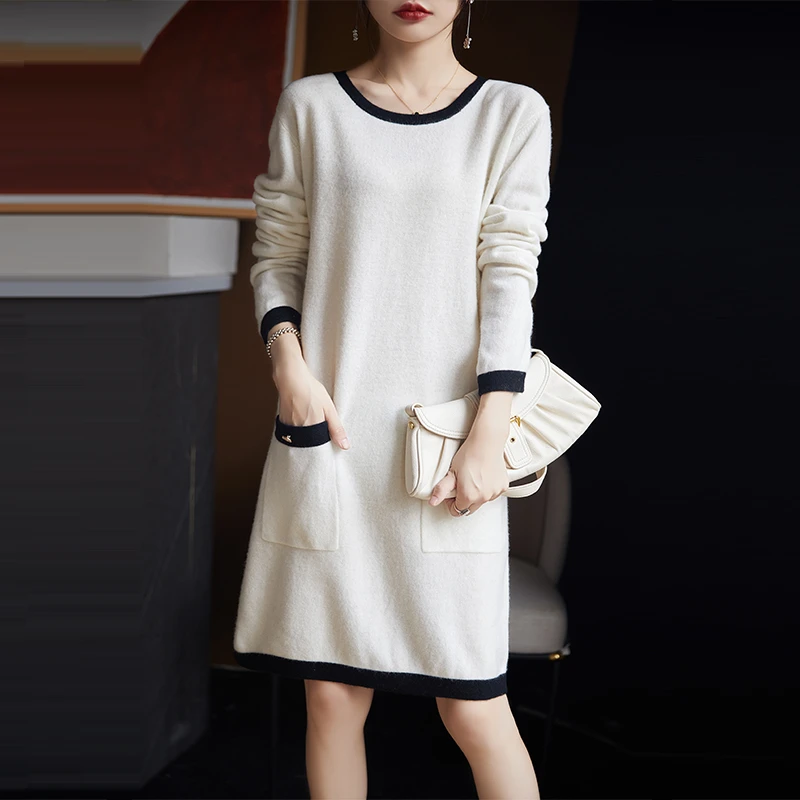 纯羊毛针织连衣裙女秋冬新款圆领套头毛衣小香风宽松百搭显瘦长裙