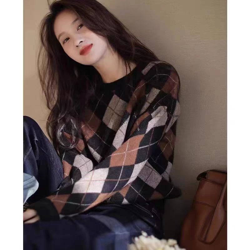 高阶时髦感小香风针织衫女棕咖调菱格拼色毛衣打底复古衫加厚