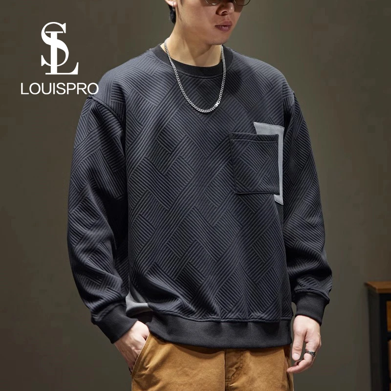 Louispro美式肌理感提花圆领卫衣男士秋季宽松口袋拼接休闲上衣男