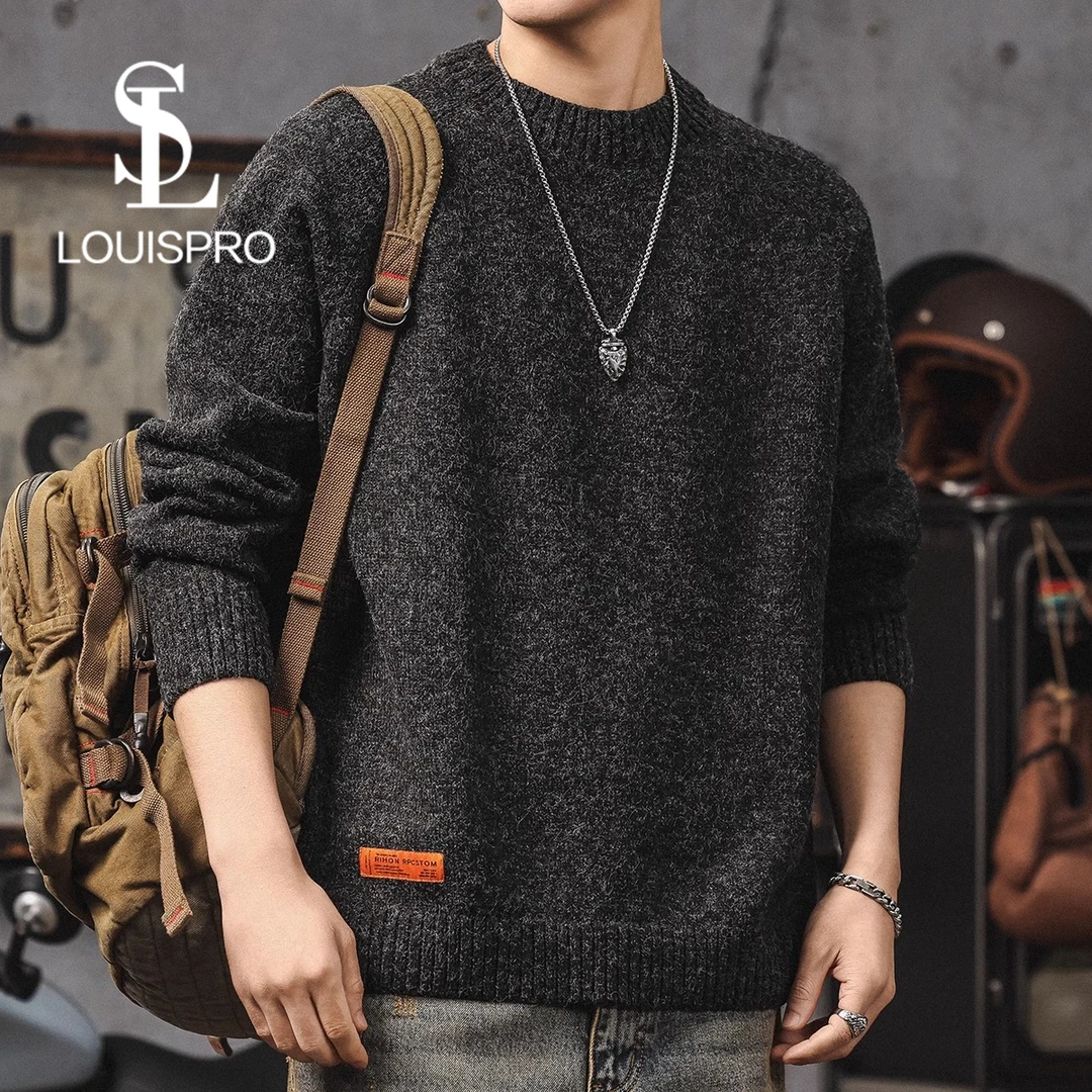 Louispro美式复古毛衣男冬季高级感宽松加厚圆领针织衫慵懒风休闲