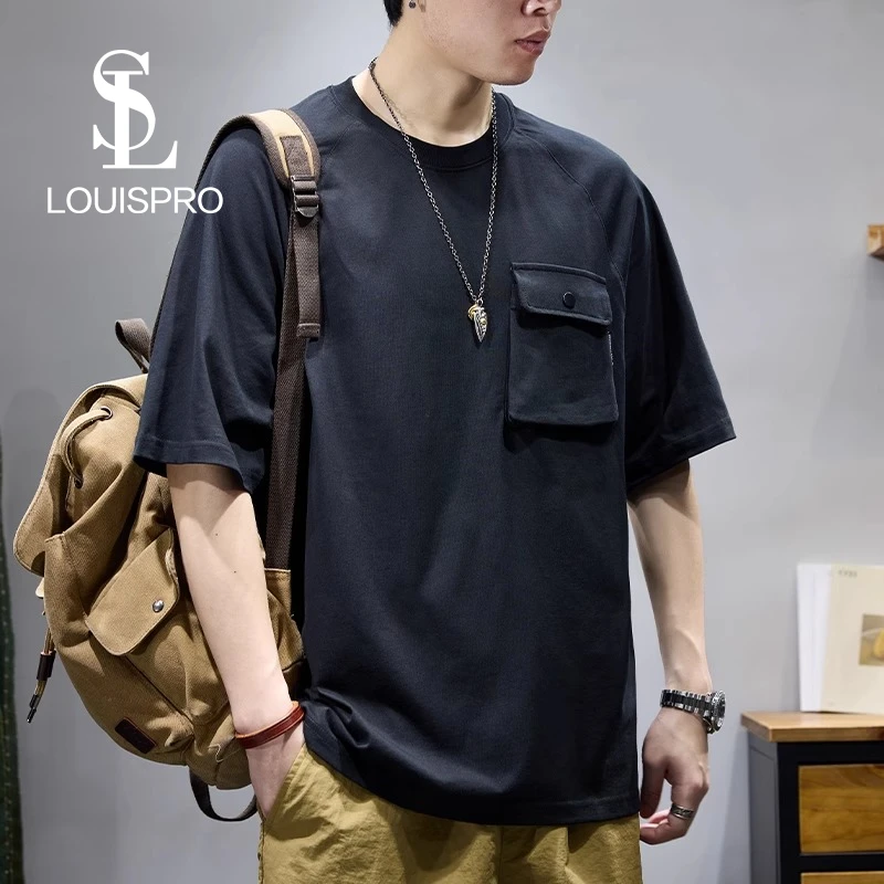 Louispro美式潮牌插肩袖纯棉短袖T恤男士夏季新款宽松重磅纯色