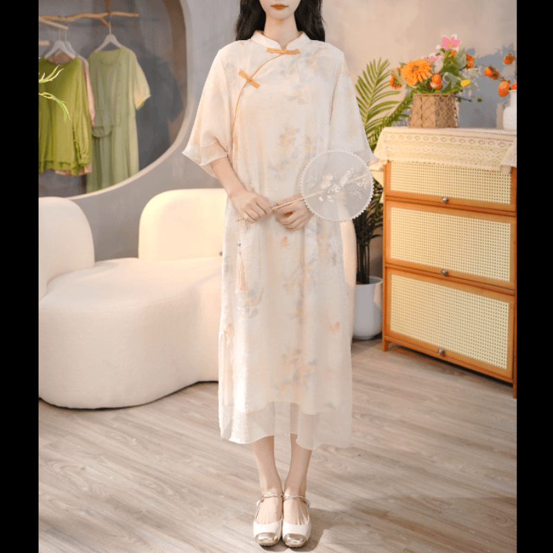 9455新中式中国风盘扣改良连衣裙夏季气质显瘦双层连衣裙长裙女