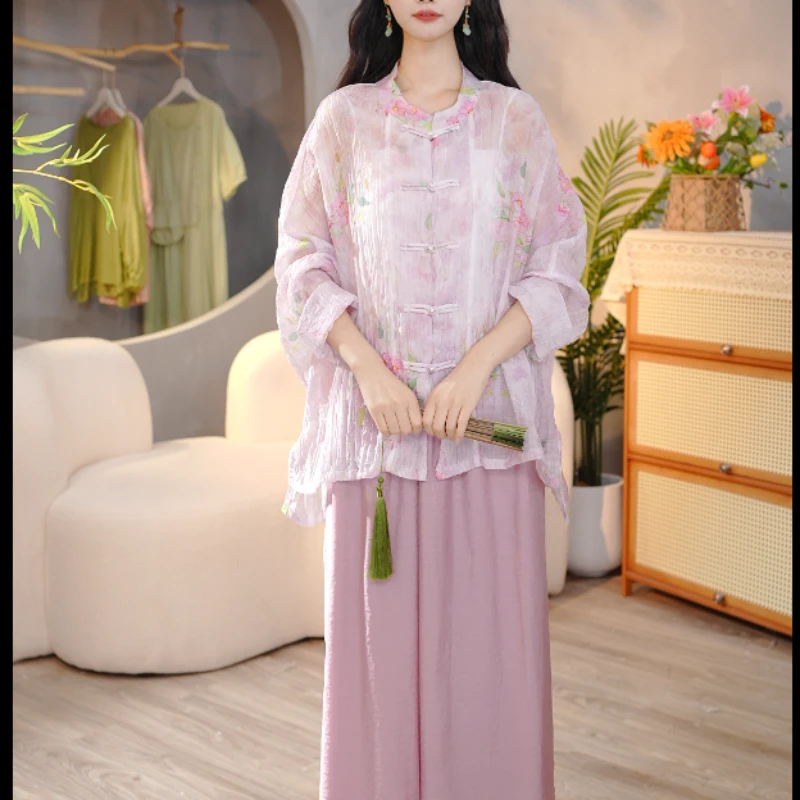 9586【玉生烟】新中式印花复古国风盘扣文艺长袖防晒 衣长后70 前