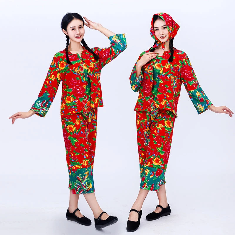 东北大花布村姑女二人转演出服搞笑姐妹广场舞蹈秧歌服农民套装