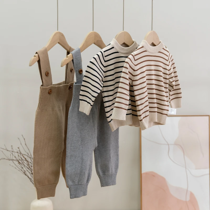 拉波米儿童条纹毛衣针织衫连体背带裤两件套秋冬宝宝洋气时髦套装