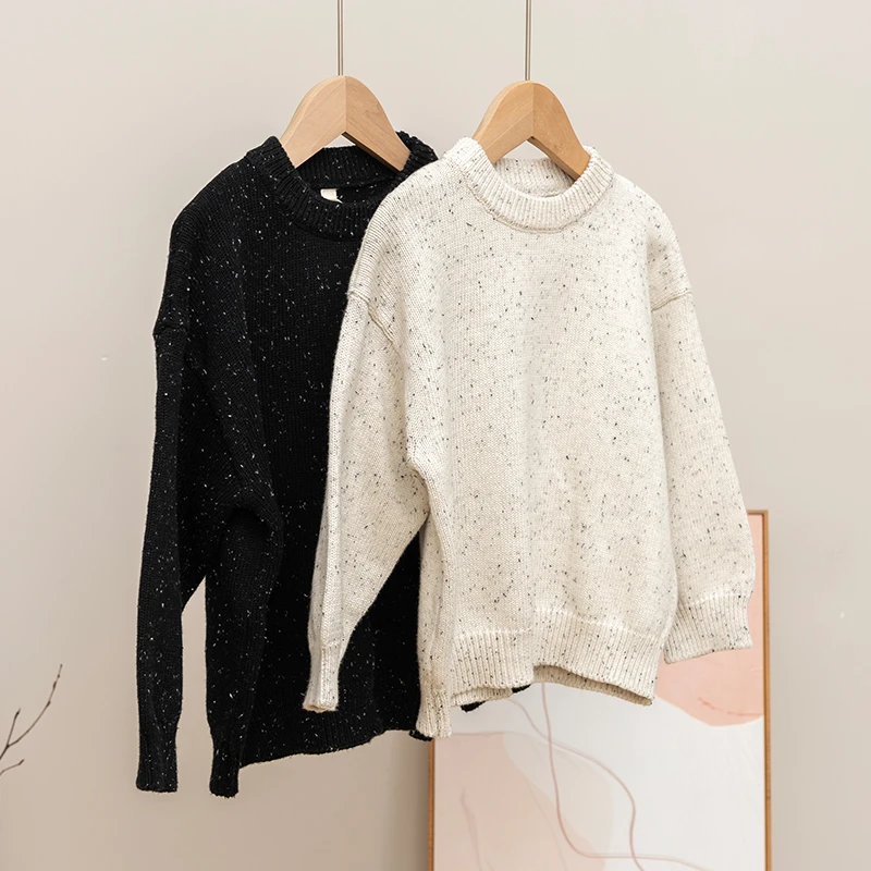 儿童全棉彩点亲肤针织打底毛衣男女童纯色圆领洋气毛衣