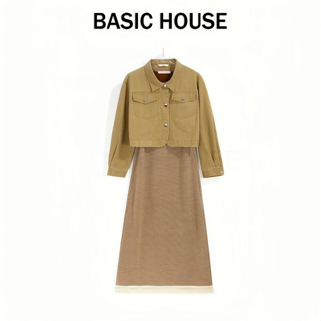Basic House/百家好CSM时尚森系流苏条纹背心裙加牛仔外套两件套