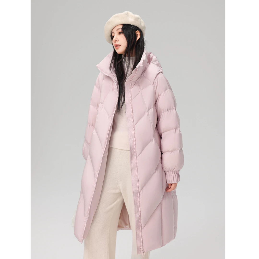 Basic House/百家好KL冬季女款过膝长款羽绒服保暖立领连帽外套