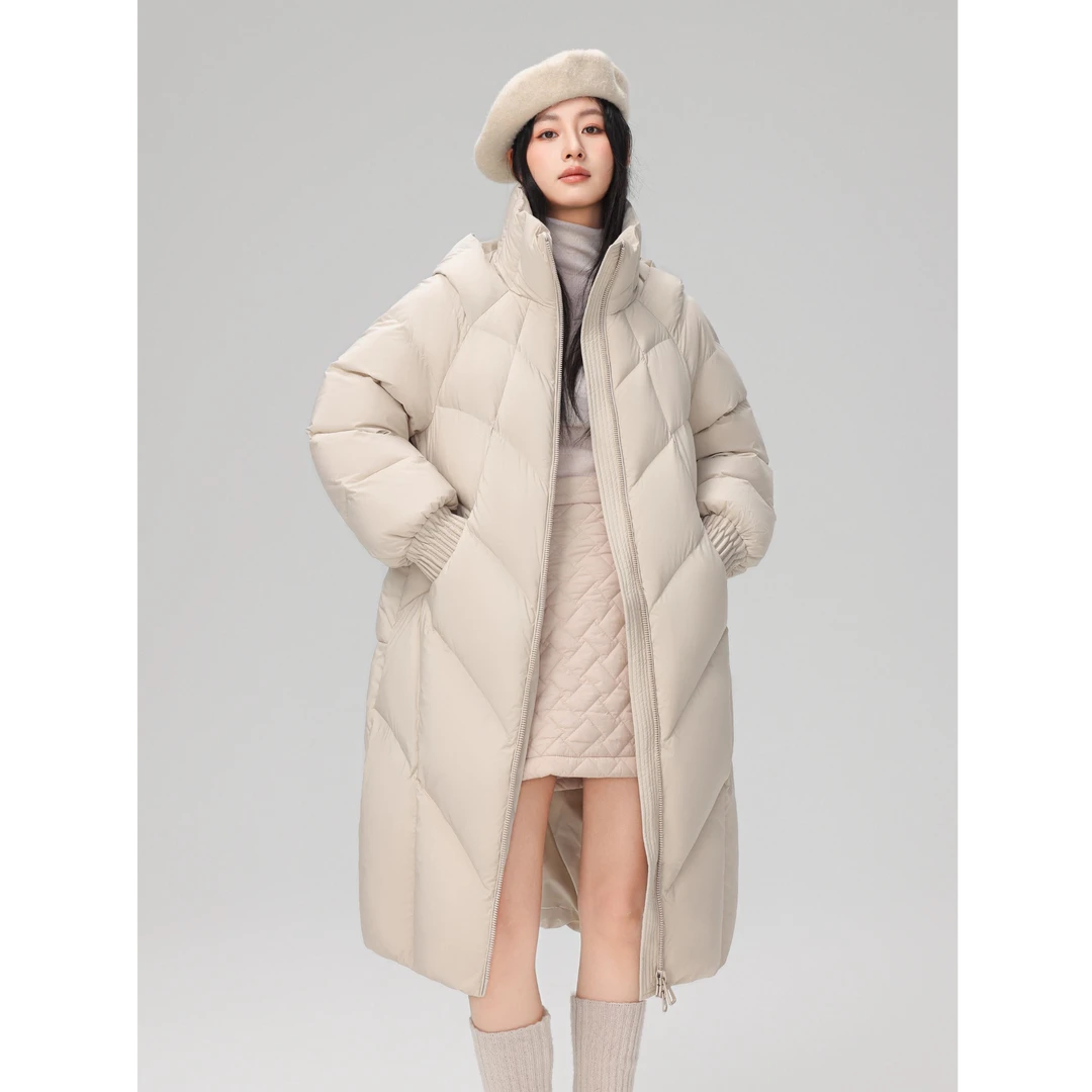 Basic House/百家好KL冬季女款过膝长款羽绒服保暖立领连帽外套