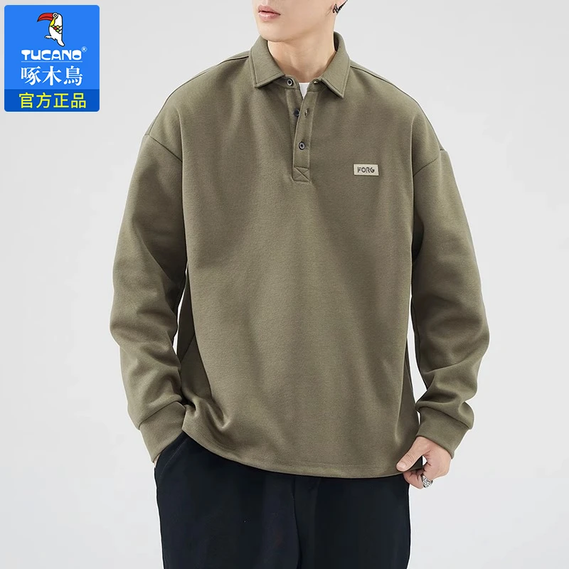 啄木鸟重磅圆领百搭美式复古宽松男秋冬高级潮牌polo衫长袖上衣服