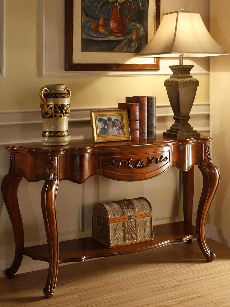 美式实木玄关柜靠墙玄关桌欧式沙发背几实木玄关台走廊入户玄关柜