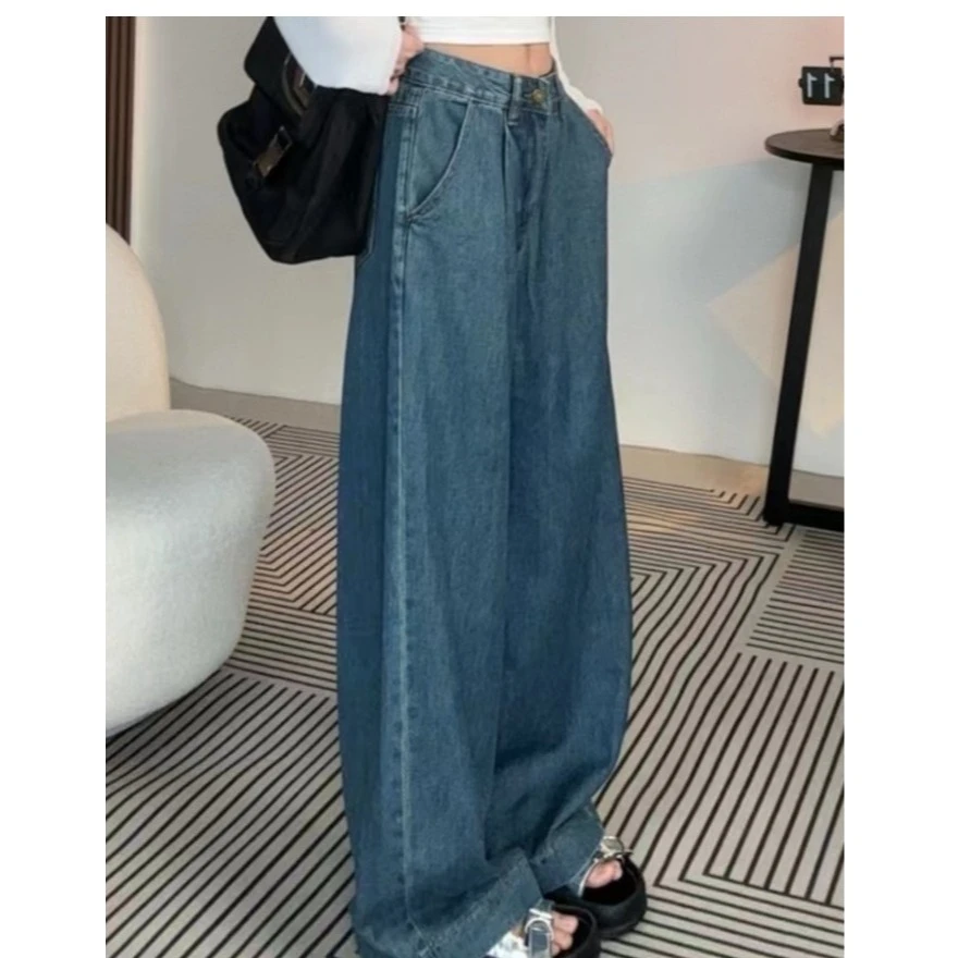 夏季韩系复古高腰水洗阔腿牛仔裤宽松百搭显瘦直筒长裤子女