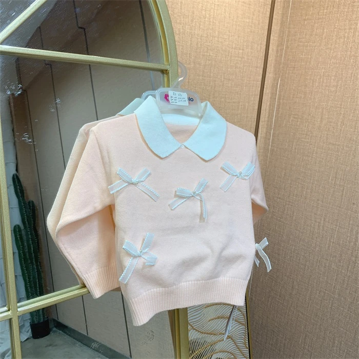 EI271   宝宝粉色蝴蝶结翻领针织毛衣套头上衣