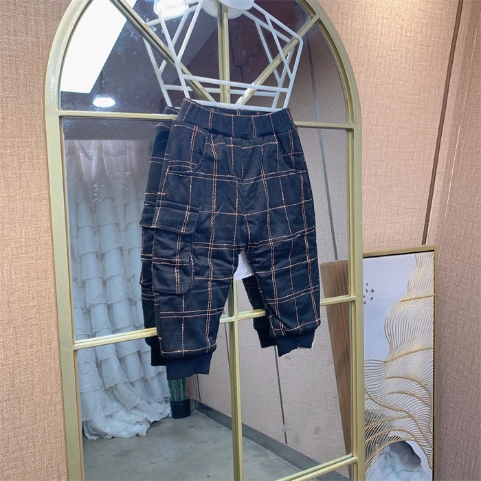 EC394  宝宝深蓝色格子夹棉裤子