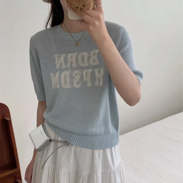 【素简.630100】夏季新款进口和纸纱半袖字母亮片短袖针织衫