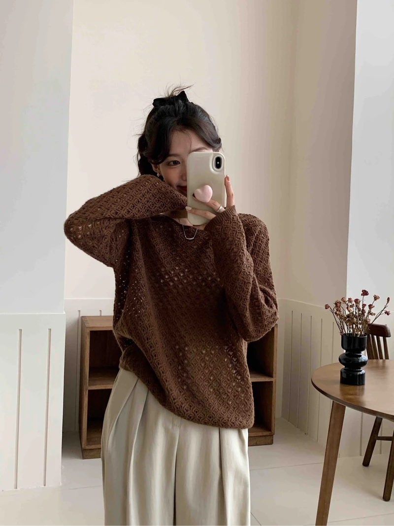 【素简.880119】防缩100绵羊毛慵懒风设计感镂空防缩宽松羊毛衫