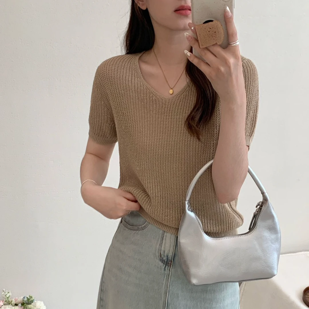 【素简.630196】夏季新款时尚高端进口和纸纱净版鸡心领针织衫