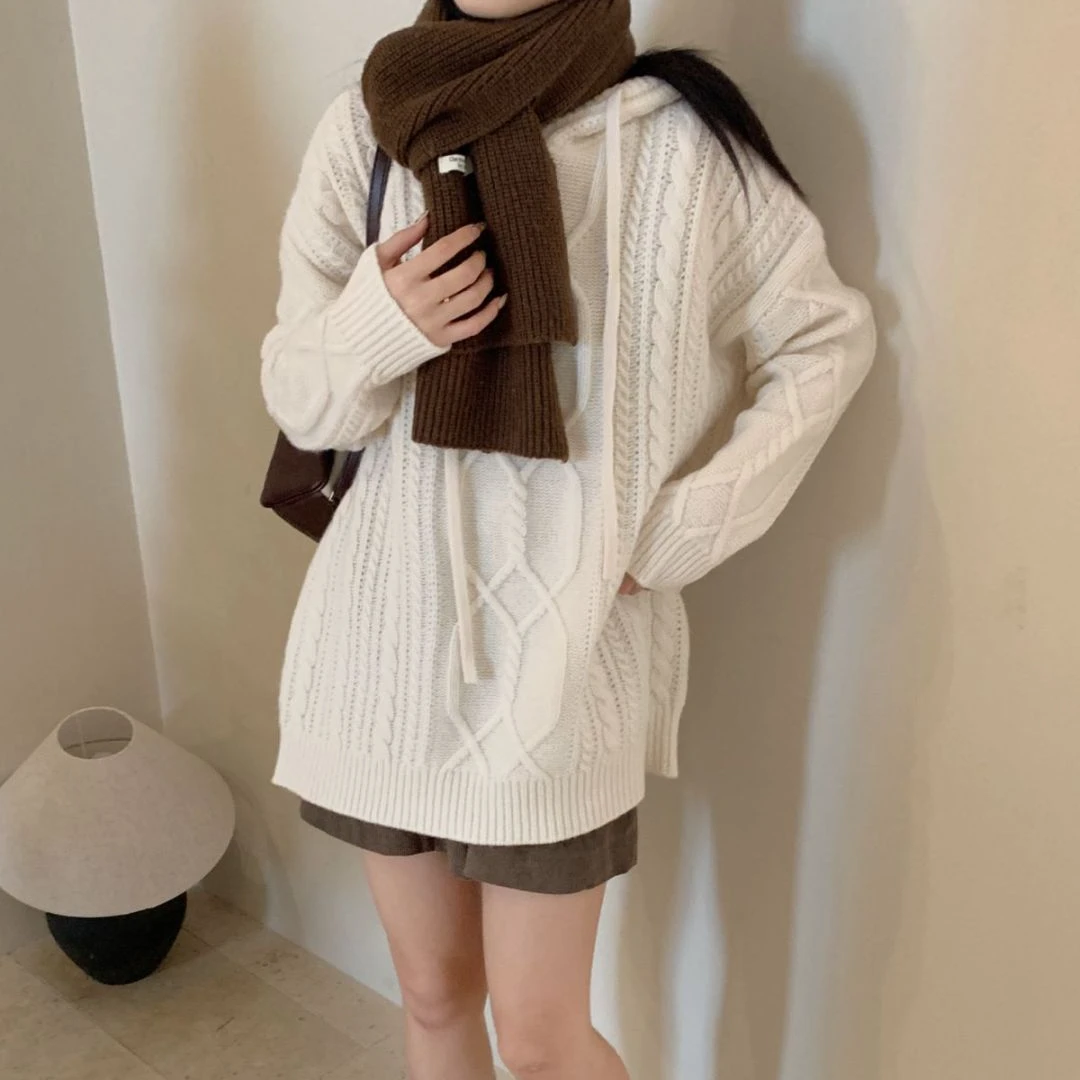 【素简.670108】秋冬新款100绵羊毛麻花帽衫红人上新显瘦羊毛衫