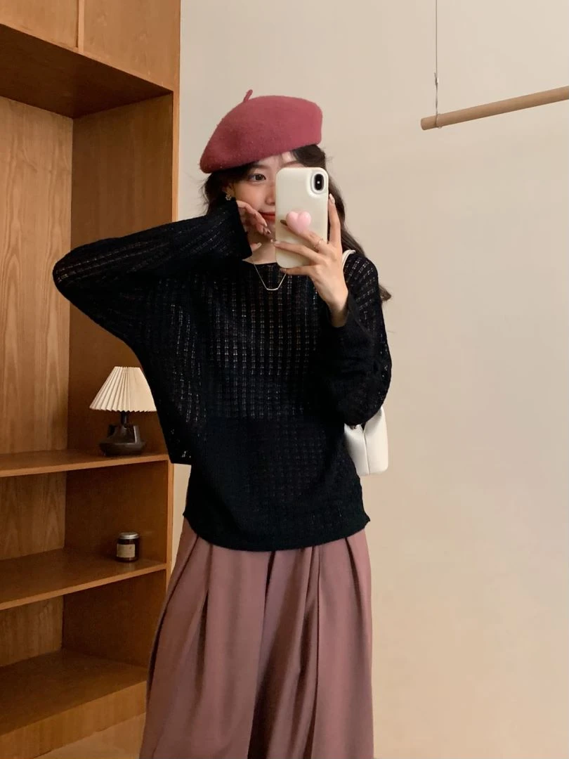 【素简.900125】30羊毛混纺显瘦百搭镂空套头韩版羊毛开衫