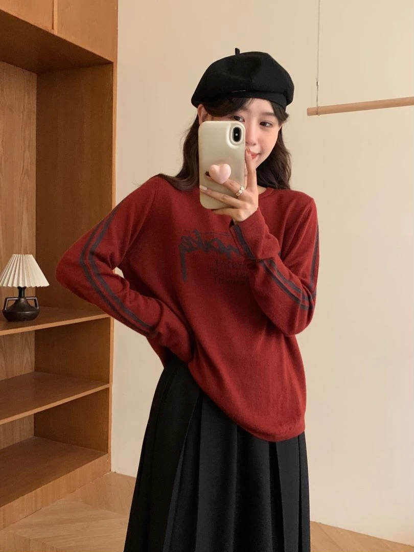 【素简.880125】30绵羊毛长袖针织打底领边袖面拼色显瘦羊毛衫