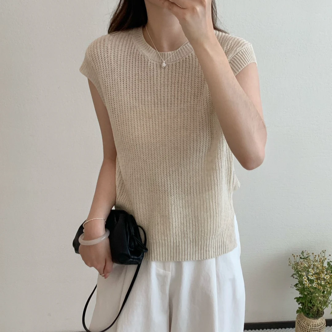 【素简.920172】夏季新款天丝亚麻小飞袖前长后短设计抽绳款针织衫