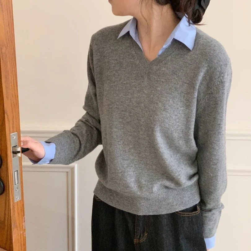 【素简.890165】100绵羊毛V型衬衫领百搭休闲羊毛衫（24.10.08福利）