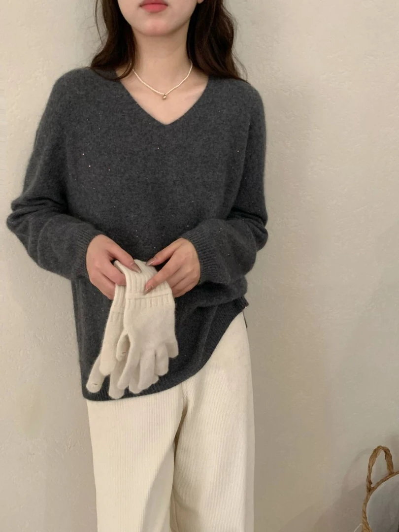【素简.810177】秋冬新款亮片鸡心宝藏上新显瘦纯色针织衫