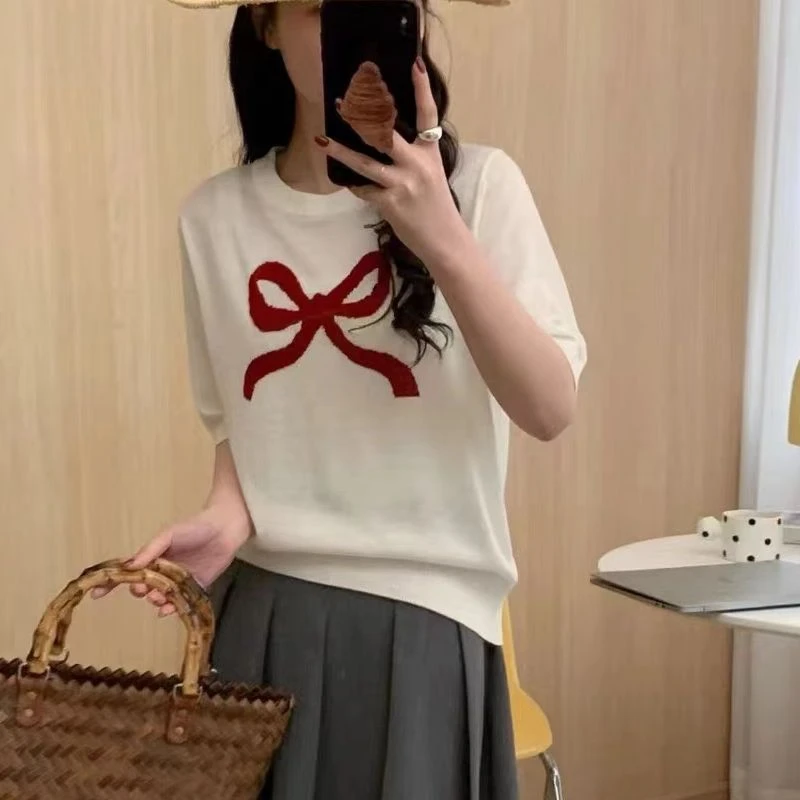 【素简.890197】绵羊毛混纺提花蝴蝶结百搭休闲显瘦纯色羊毛衫