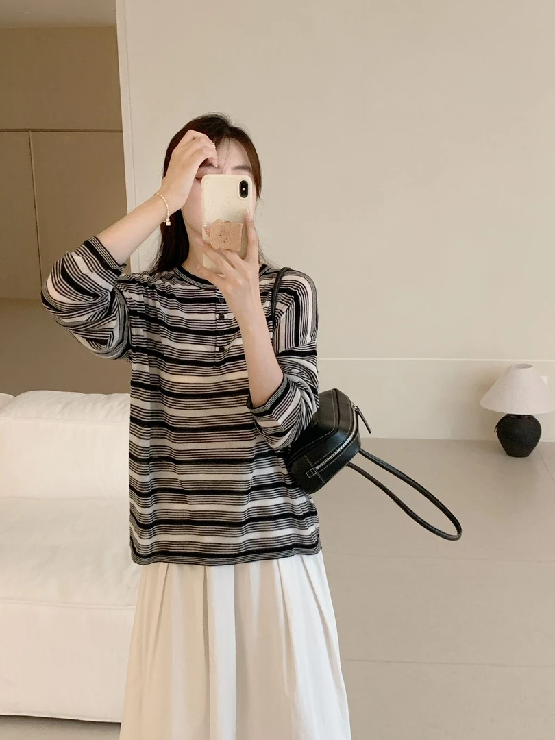 【素简.800161】30羊毛混纺显瘦百搭长袖条纹五粒扣韩版宽松羊毛衫