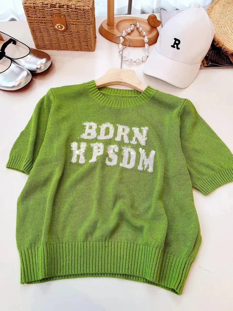 【素简.630100】夏季新款进口和纸纱半袖字母亮片短袖针织衫